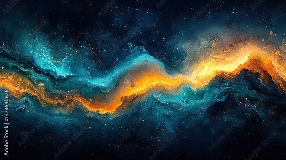 Fototapeta premium Abstract swirls of vibrant paint in hues of emerald, sapphire, and gold collide and blend on a textured canvas, creating a sense of dynamic energy