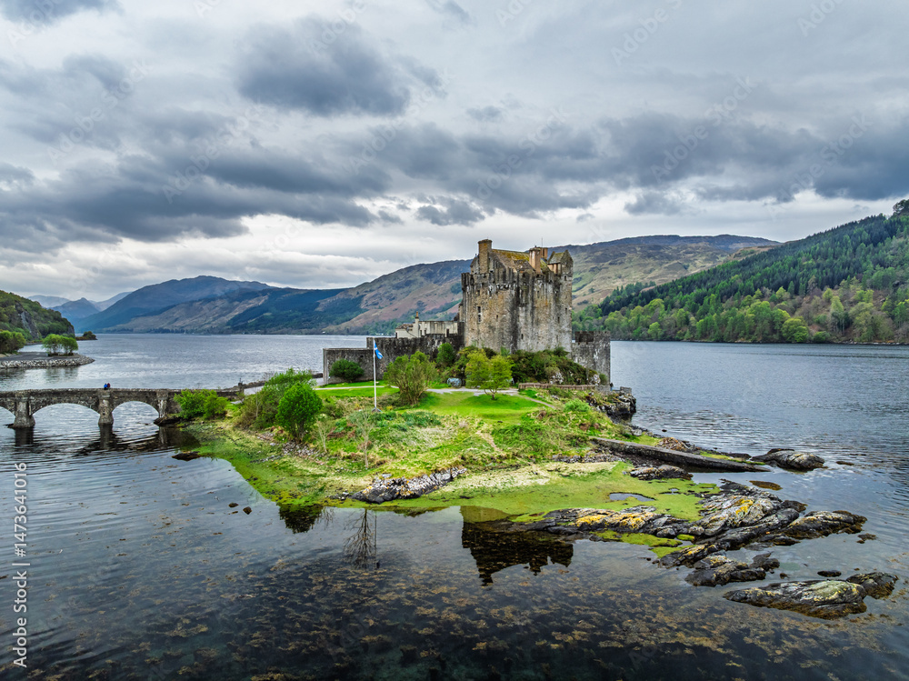 Eilean Donan Castle and Loch Duich from a drone, Isle of Skye, Highlands, Scotland, England