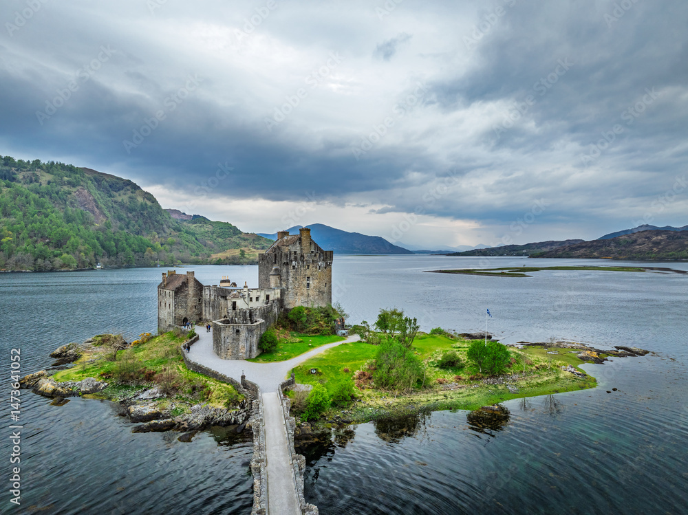 Eilean Donan Castle and Loch Duich from a drone, Isle of Skye, Highlands, Scotland, England