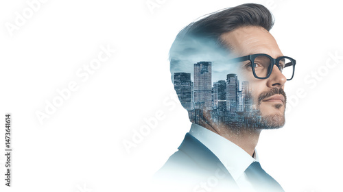 Professional man with glasses and double exposure effect, urban skyline blended with his profile.