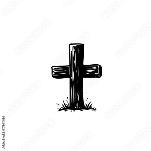 Stylized Monochrome Sketch of a Wooden Cross with Grass in a Sparse Setting