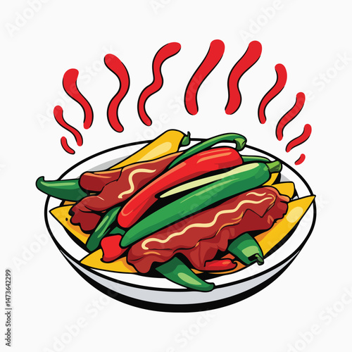 Modern Abstract Fajita Illustration for National Fajita Day with Flat, Vibrant Colors and Geometric Representations of Meat, Peppers, and Tortillas for a Unique Look
