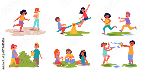 Summer day playground. Happy children play outdoor, different kids games, open air funny activities, catch up, hopscotch, water guns, picking berries classy vector cartoon isolated set