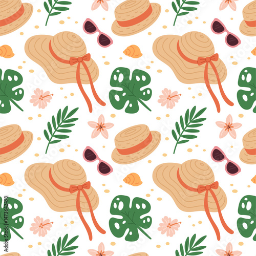 Straw hats seamless pattern. Repeated beach accessories, summer time women headwears, sunglasses, tropical leaves. Textile, wrapping paper, wallpaper. Print for fabric garish vector background