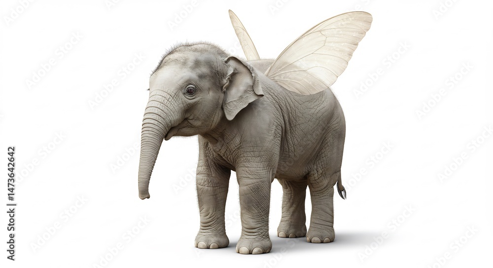 Fototapeta premium Cute baby elephant magically sprouts delicate wings against bright white background. AI Generated