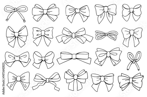 Linear ribbon gift bows. Outline decor of presents, holiday decorative wrapping, birthday party elements, line minimalistic beautiful packaging, doodle style, splendid vector isolated set
