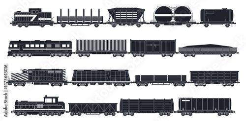 Goods trains icons. Black silhouettes locomotives, wagons, cisterns, railway transport with containers for oil, sand and wood, cargo service, different freight, isolated nowaday vector set