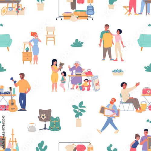 Flea market seamless pattern. Vintage goods, old rarities, garage sale element users, second hand byers. Textile, wrapping paper, wallpaper. Print for fabric classy vector seamless background