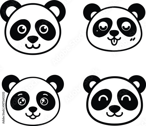 Kawaii Panda Face Icons. Cute Cartoon Animal Heads for Kids and Stickers