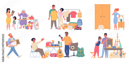 Cartoon flea market visitors. Happy people buy vintage used things, second hand goods, antique elements, garage sale, second hand store, characters on shopping, classy vector set