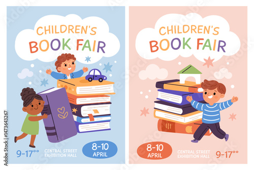 Cartoon book stacks cards. Kids educational banners with different textbooks, color covers, piles and rows, childish fair, flat characters, posters template garish vector set