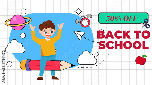 back to school season vector flat cute character illustration with schools accessories. school beginning concept.