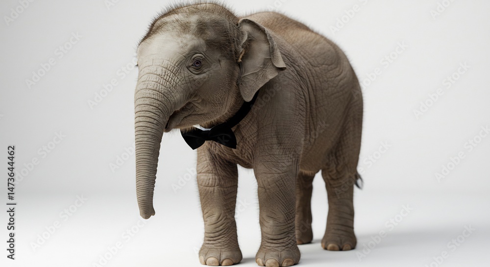 Obraz premium Adorable baby elephant elegantly wears a bow tie against a softly lit neutral background.. AI Generated