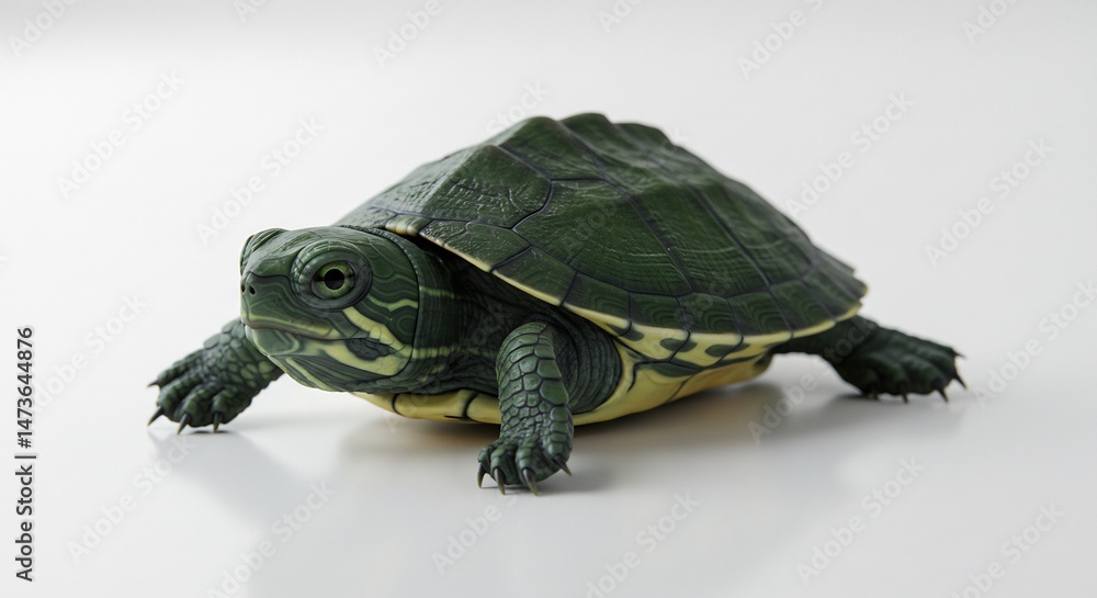 Obraz premium Small turtle calmly rests on bright white background soft light illuminates its shell. AI Generated