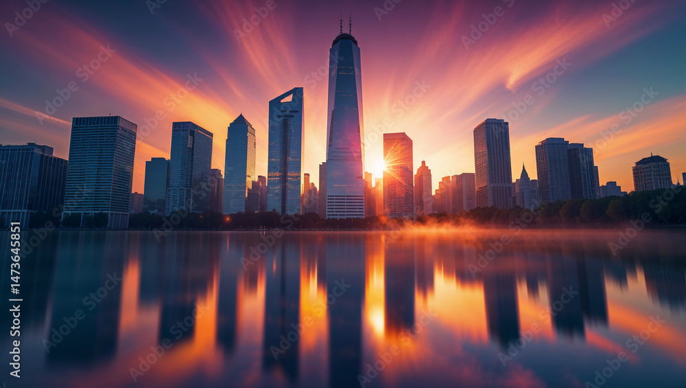 Fototapeta premium Vibrant sunrise illuminating metropolitan skyline and reflecting in calm waters