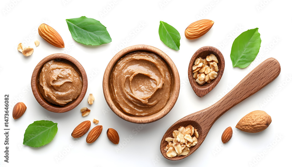 Sample of tasty nut butter isolated on white, top view