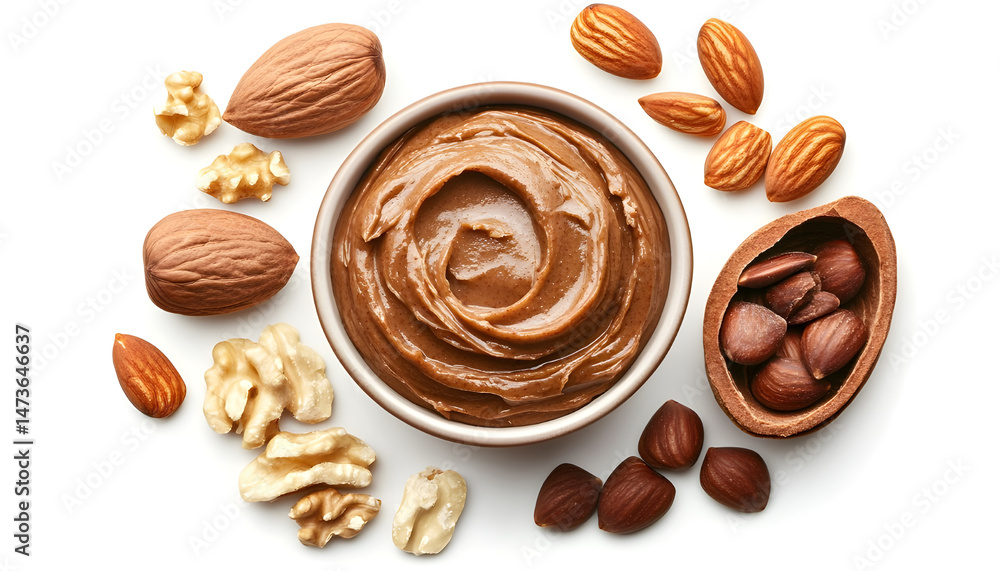 Sample of tasty nut butter isolated on white, top view