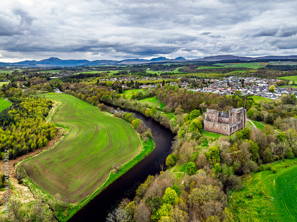 Doune Castle from a drone, Doune, Stirling, Scotland, England