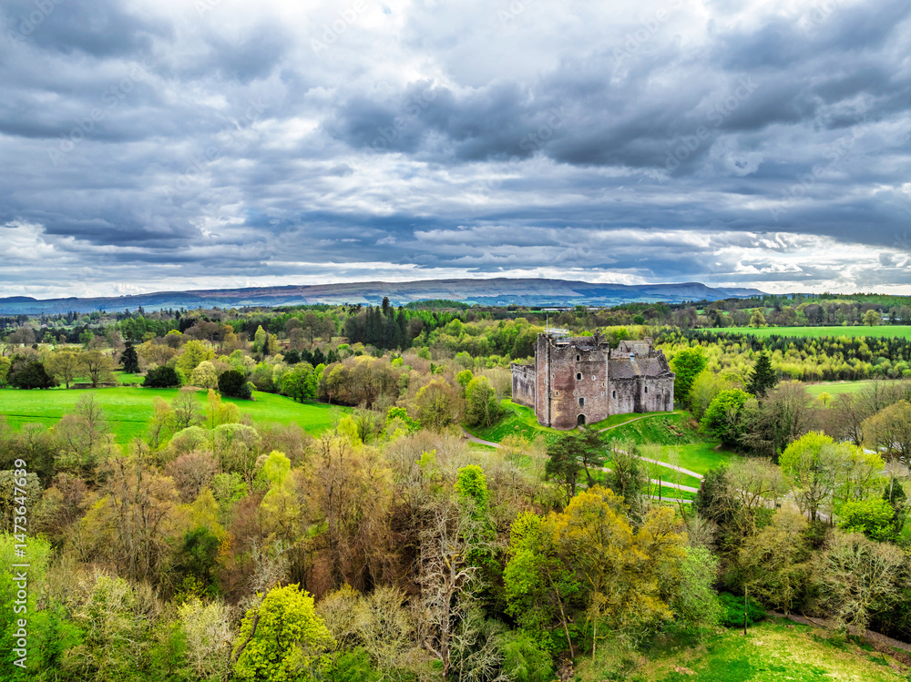 Doune Castle from a drone, Doune, Stirling, Scotland, England