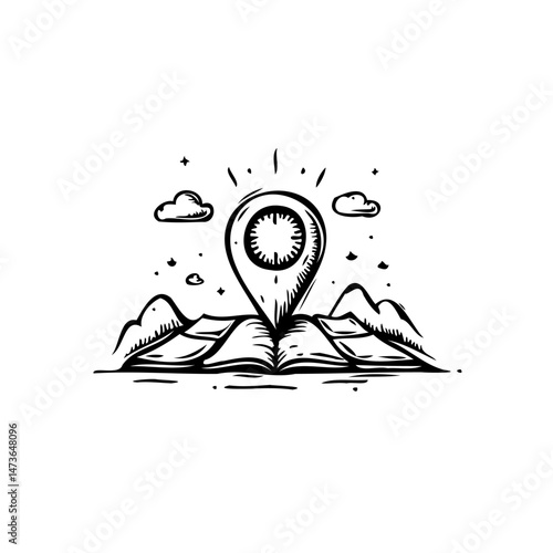 Conceptual illustration of a location pin over a book representing exploration