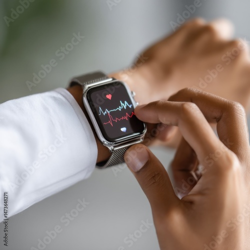 Person Holding a Smart Watch Displaying Heart Rate in a Modern Setting Emphasizing Health Fitness and Technology for Wellness Tracking and Monitoring