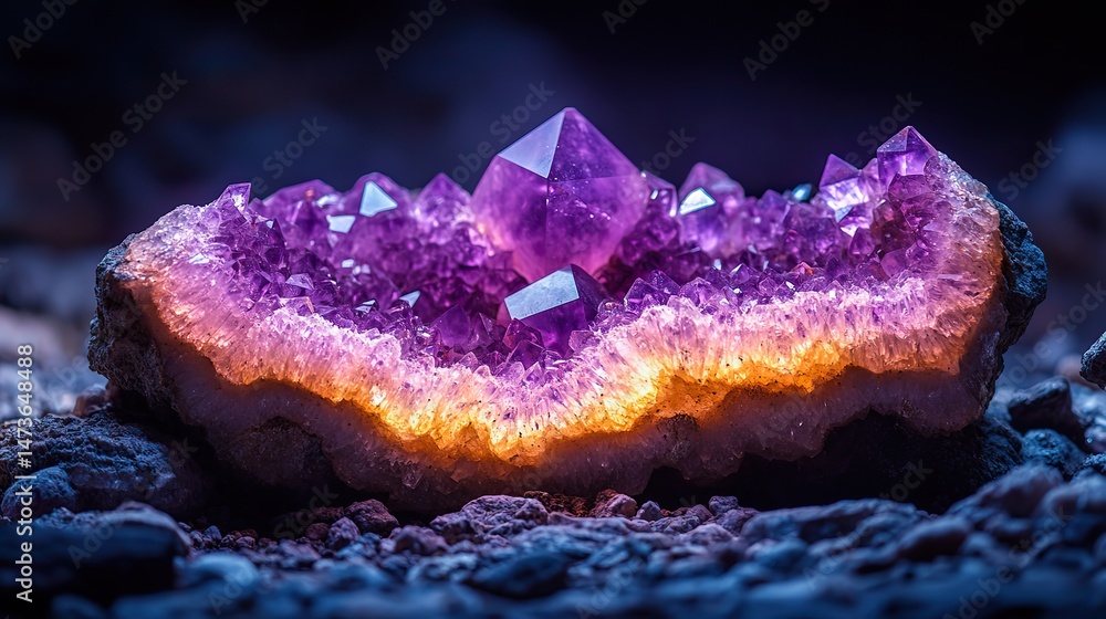 Fototapeta premium Amethyst geodes crack open to reveal interiors lined with glittering crystals, their purple light casting an ethereal glow on the surroundings
