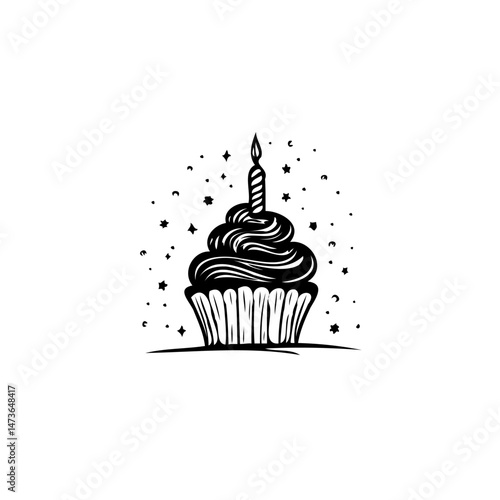Stylized cupcake illustration with candle and decorative sprinkles celebration theme