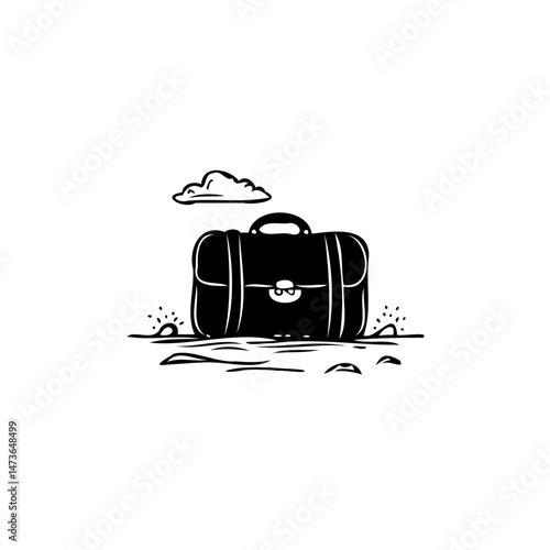 Conceptual monochrome depiction of a business briefcase left on a desolate landscape