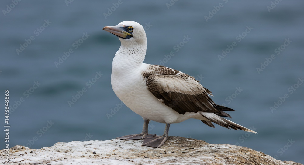 Fototapeta premium Juvenile Masked Booby stands proudly coastal rock soft natural light. AI Generated