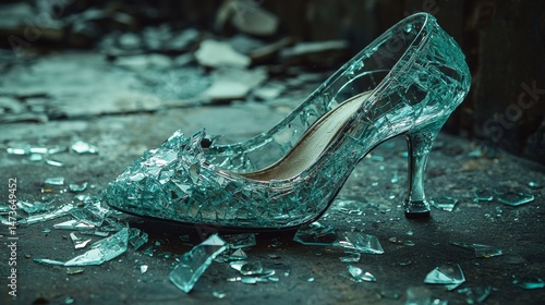 Wallpaper Mural Unique broken glass high heel shoe displayed on shattered glass floor in abandoned location reflecting unusual fashion statement Torontodigital.ca