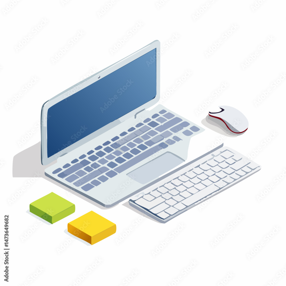 Modern Digital Workspace with Laptop, Mouse, External Keyboard, and Sticky Notes
Modern Digital Workspace with Laptop, Mouse, External Keyboard, and Sticky Notes