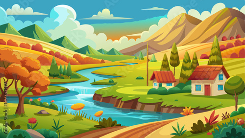 vector of beautiful countryside scenery with river