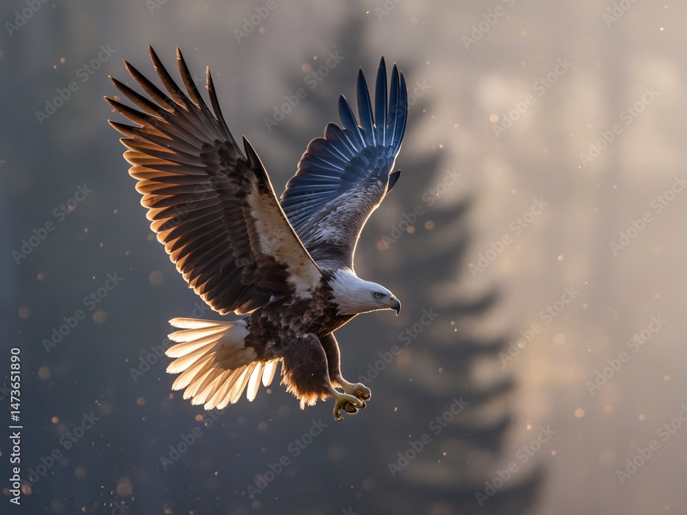 Obraz premium A majestic eagle with striking feathers soars gracefully through the golden morning light.