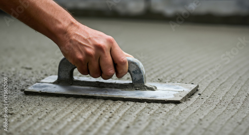 Hand smoothing fresh concrete with trowel during flooring process on construction site. Technique for creating level surfaces essential for residential