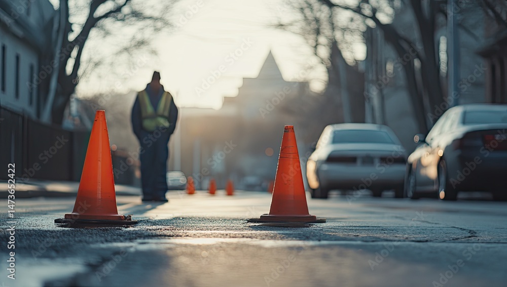 Obraz premium City street, worker, cones, sunrise