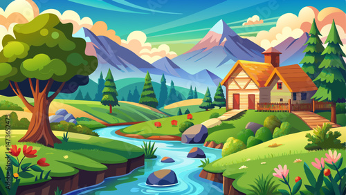 vector of beautiful countryside scenery with river