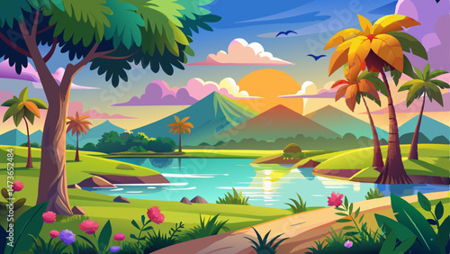 vector of Morning time in summer landscape