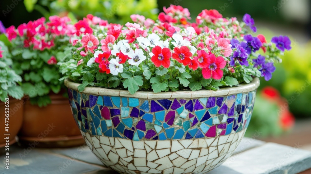 Colorful mosaic planter with flowers Colorful mosaic planter with flowers