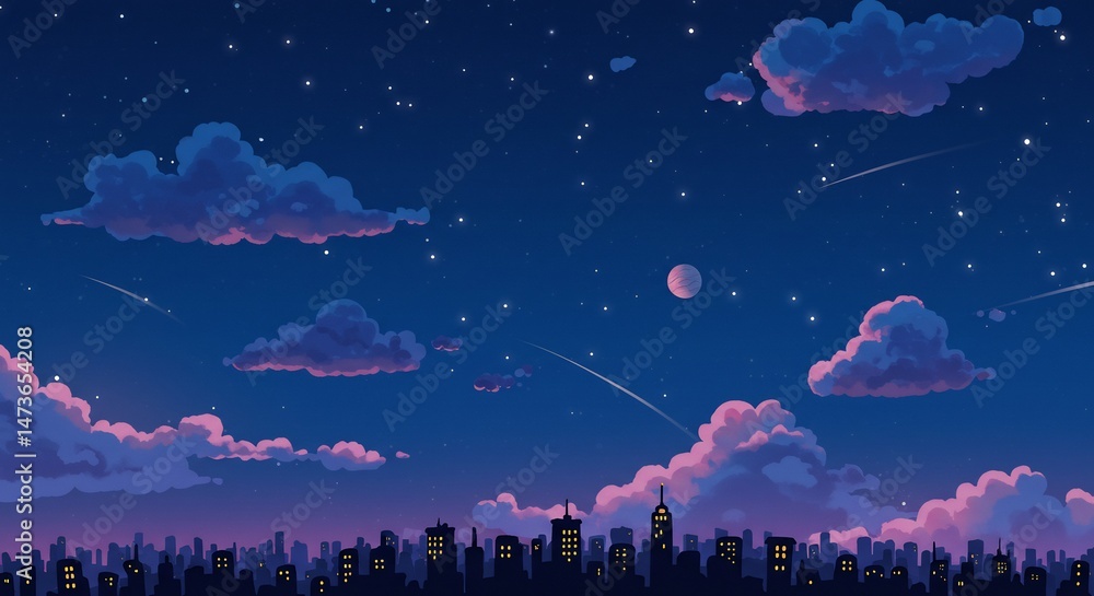 Fototapeta premium Pixel Art City Nightscape Under Pink And Purple Sky