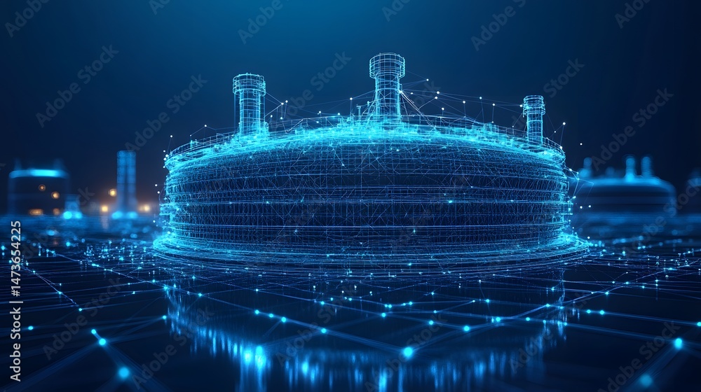 Fototapeta premium Futuristic industrial complex with glowing blue wireframe design. Digital representation of a storage tank and connected network infrastructure. Abstract wireframe in dark blue.