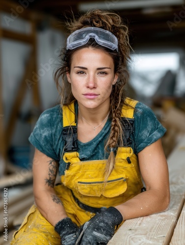 Young woman carpenter or woodworker with curly hair and tattoos working in workshop wearing safety goggles and yellow overalls