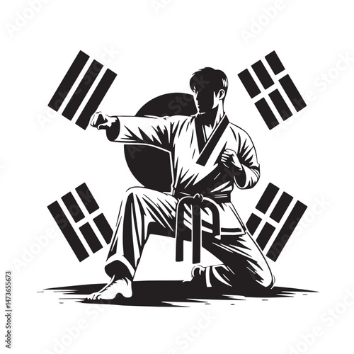 Taekwondo (Korea) Silhouette line art vector illustration on white background