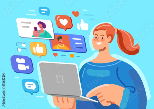 Young woman interacts with laptop browsing social media networks. User watching important events and news online