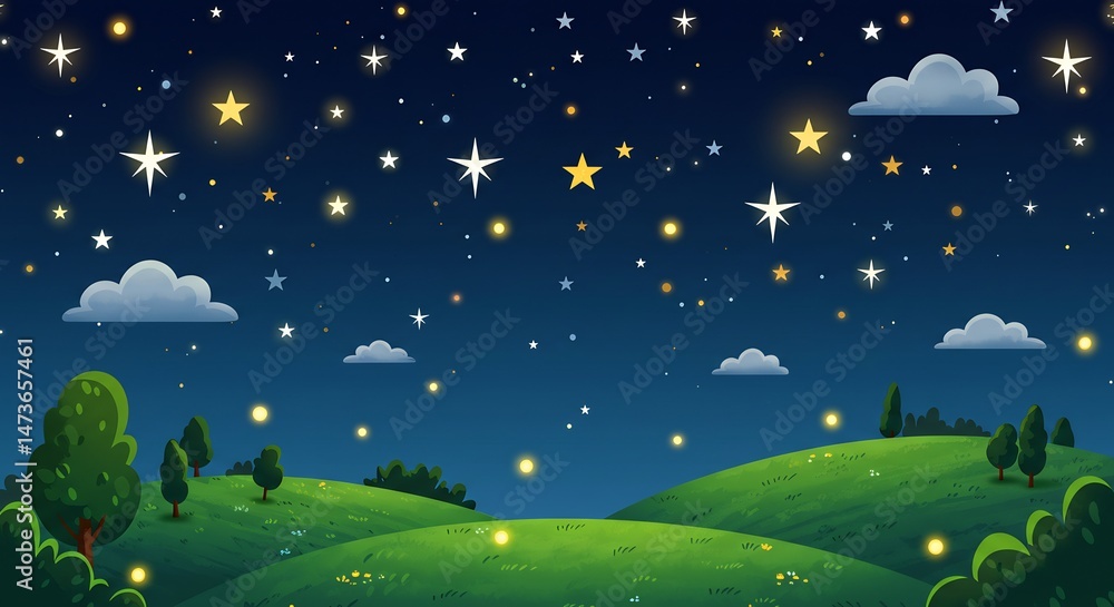 Fototapeta premium Pixel Art Night Landscape with Glowing Stars and Hills