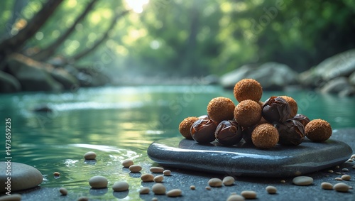Serving chocolate balls on stone near tranquil river and forest