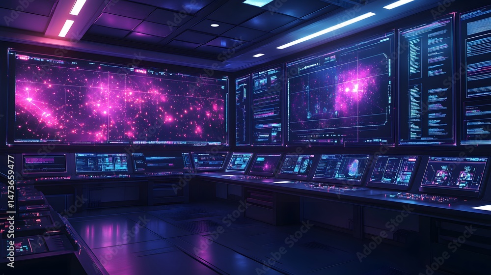 Futuristic control room with glowing screens displaying complex data and celestial maps. High-tech monitoring station bathed in blue and purple neon lighting. Abstract wireframe in dark blue Futuristic control room with glowing screens displaying complex data and celestial maps. High-tech monitoring station bathed in blue and purple neon lighting. Abstract wireframe in dark blue