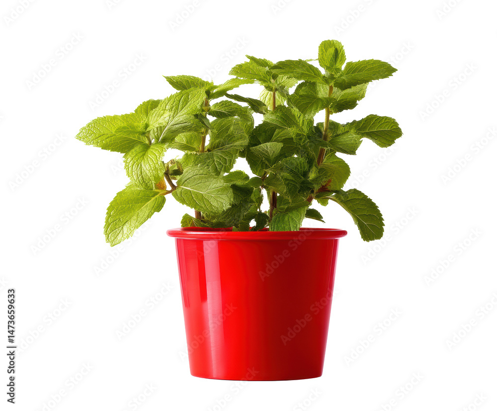 Fototapeta premium Fresh mint plant in a vibrant red pot for home decor and cooking on a transparent background, cut out