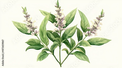Realistic sage plant with blooming flowers, isolated for herbal-themed illustrations or botanical creative designs.