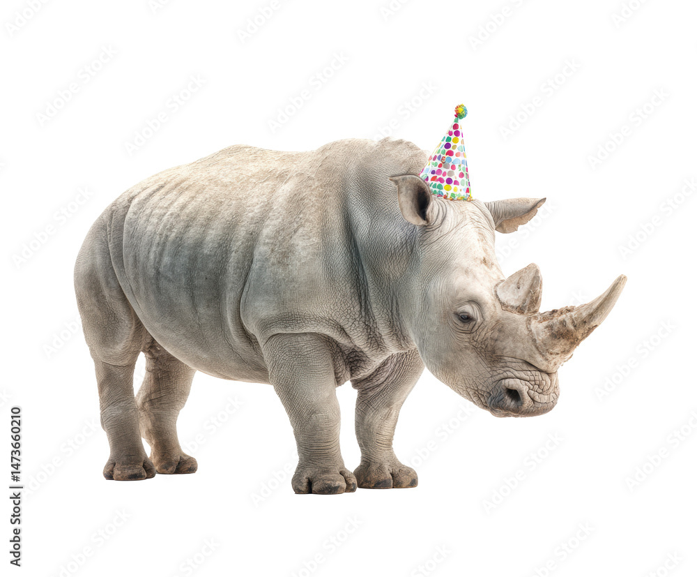 Fototapeta premium Rhinoceros wearing a birthday hat celebrating a joyful occasion on a transparent background, cut out