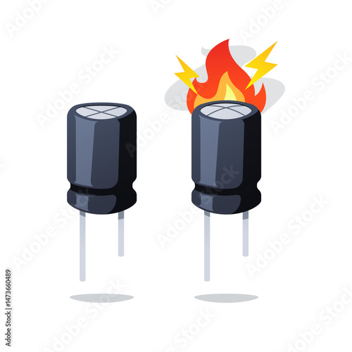 Burnt out electrolytic capacitor component vector isolated on white background.